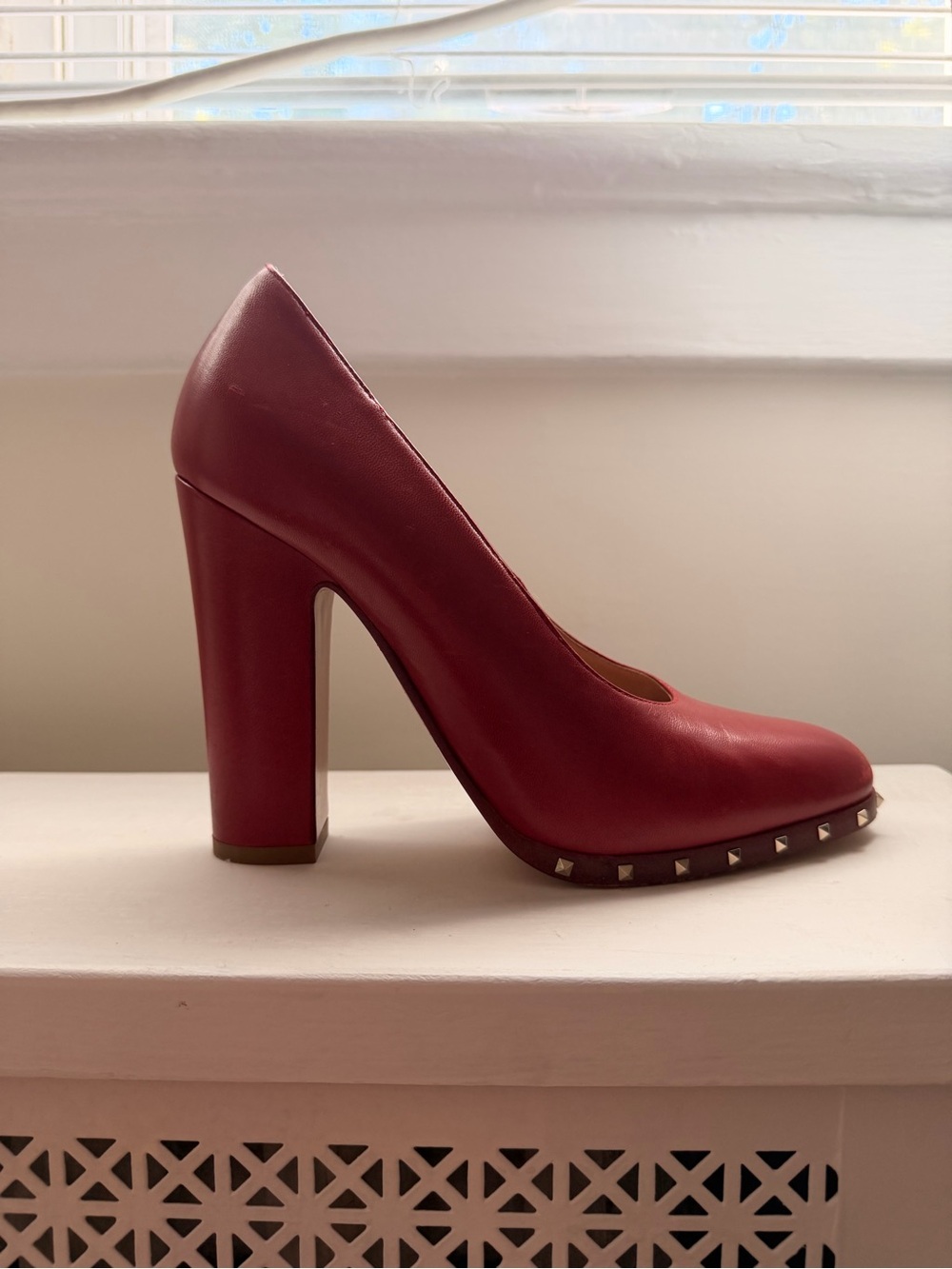 Valentino Red Leather Stud-Trim High Block Heel Pump